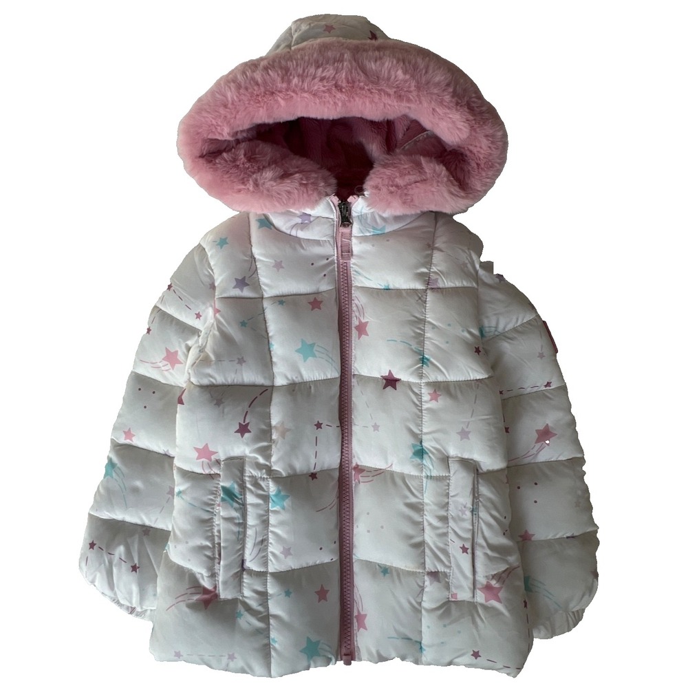 Snozu Jacket Girls 4T Puffer Pink Blue Star Print Hooded Faux Fur Warm Coat Cute
